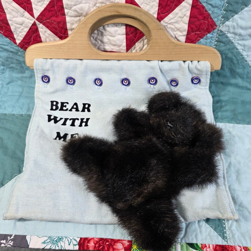 Handmade Bear‎ With Me Denim Tote Bag Blue Wood Handle Faux Fur Teddy Bear